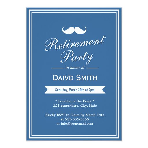 Mustache Navy Blue Retirement Party Invitations 5" X 7" Invitation Card (front side)