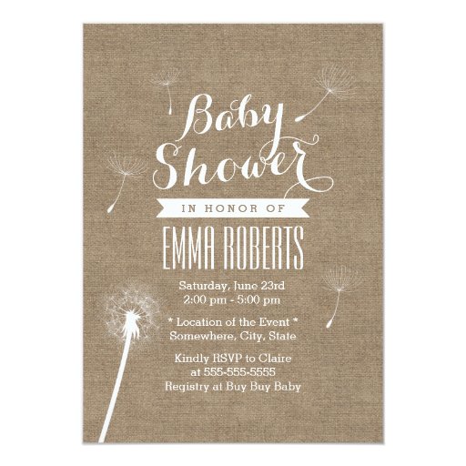 Rustic Burlap Dandelion Baby Shower Invitations 5" X 7" Invitation Card (front side)