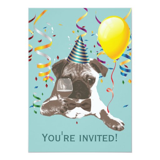 Color Streamers Pug Birthday Party Invitations 5" X 7" Invitation Card