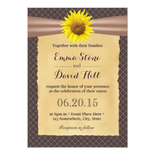 Country Sunflower Tan Diamond Grids Wedding 5x7 Paper Invitation Card
