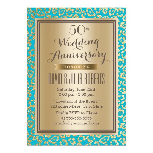 50th Wedding Anniversary Teal & Gold Leopard Print 5x7 Paper Invitation Card (front side)