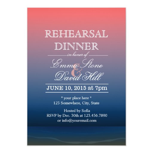 Pink & Blue Twilight Beach Rehearsal Dinner 5x7 Paper Invitation Card (front side)