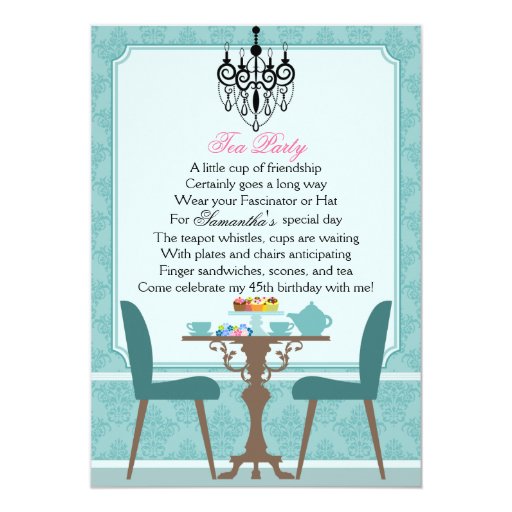Elegant Teal Damask Birthday Tea Party 5x7 Paper Invitation Card