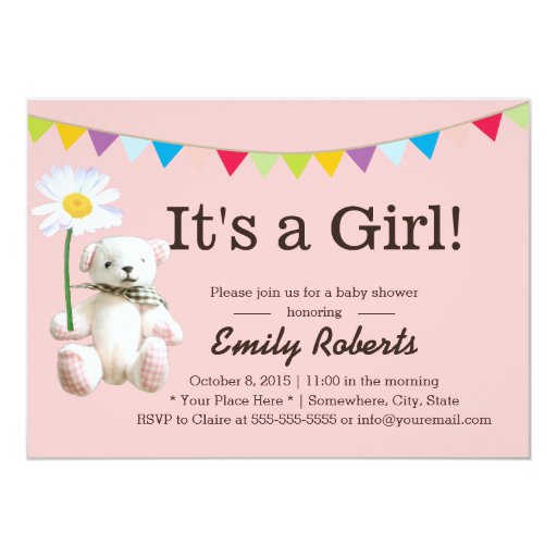 Cute Bear & Daisy Girl Baby Shower Invitations 5" X 7" Invitation Card