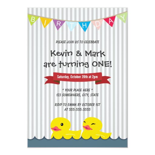 Cute Rubber Duck Twins Birthday Party Invitations 5" X 7" Invitation Card (front side)