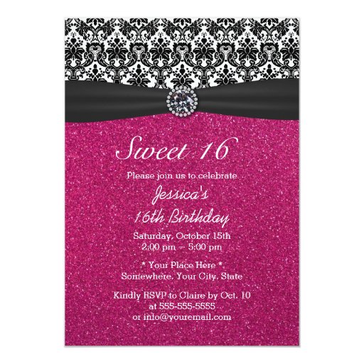 Chic Pink Glitter Diamond & Damask Sweet 16 5x7 Paper Invitation Card (front side)