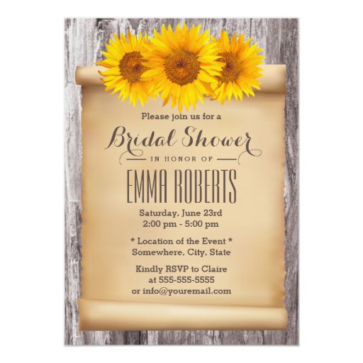 Vintage Sunflowers Old Scroll Wood Bridal Shower 5x7 Paper Invitation Card
