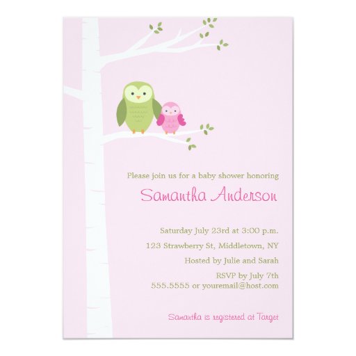 Modern Owl Birch Baby Shower Invitation - Girl 5" X 7" Invitation Card (front side)