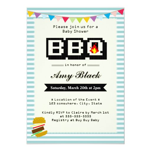 Retro Cute Pixel Baby Shower BBQ Party Invitations 5" X 7" Invitation Card (front side)