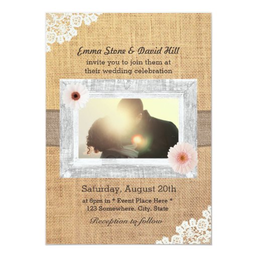 Rustic Lace & Burlap Wood Photo Frame Wedding 5x7 Paper Invitation Card (front side)