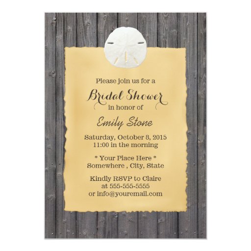 Rustic Sand Dollar Barn Wood Bridal Shower 5x7 Paper Invitation Card