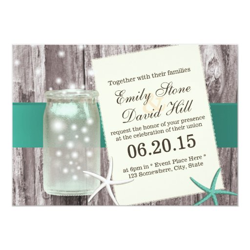 Classy Teal Starfish & Mason Jar Wood Wedding 5x7 Paper Invitation Card