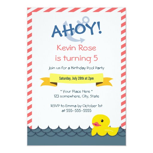 Nautical Cute Duck Birthday Pool Party Invitations 5" X 7" Invitation Card (front side)