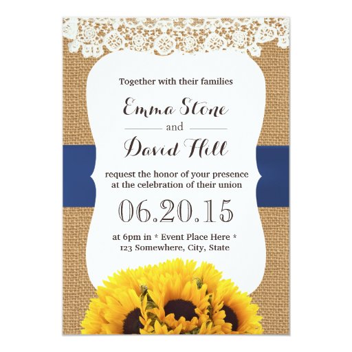 Rustic Burlap Sunflowers Laced Wedding 5x7 Paper Invitation Card