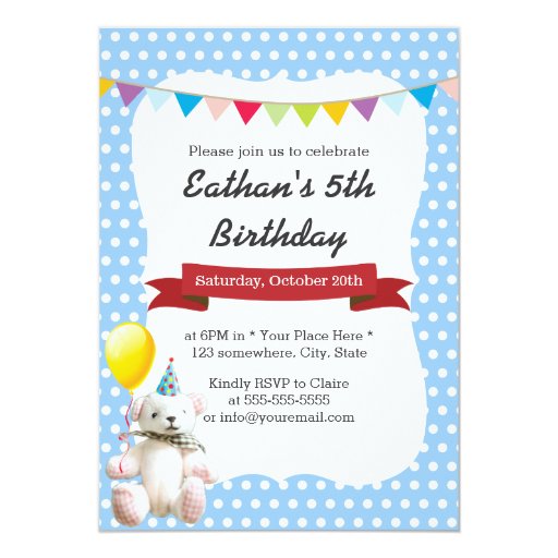 Cute Teddy Bear Blue Polka Dots Birthday Party 5x7 Paper Invitation Card (front side)