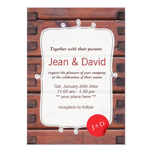 Classy Red Label Rustic Wooden Wedding Invitation 5" X 7" Invitation Card