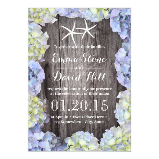 Stylish Flowers & Starfish Wood Background Wedding 5x7 Paper Invitation Card (front side)