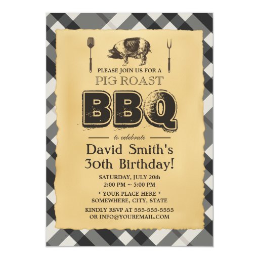 Vintage Plaid Pig Roast BBQ Birthday Party 5x7 Paper Invitation Card (front side)