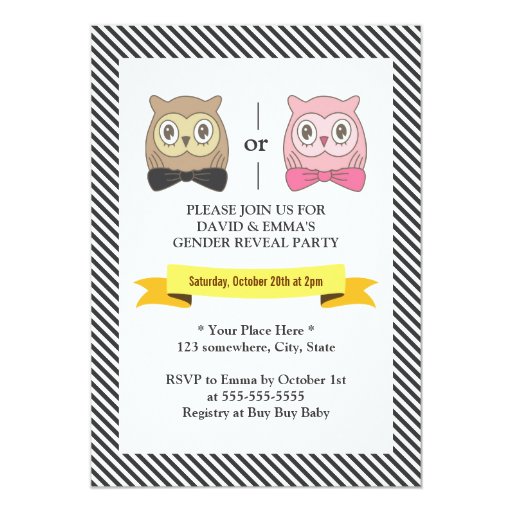 Cute Owl Baby Gender Reveal Party Invitations 5" X 7" Invitation Card (front side)