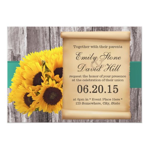 Rustic Sunflowers Teal Belt Wedding Invitations 5" X 7" Invitation Card (front side)