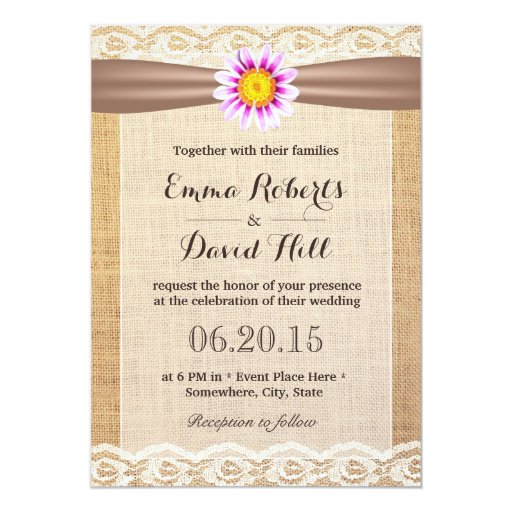 Rustic White Daisy Lace & Burlap Wedding 5x7 Paper Invitation Card