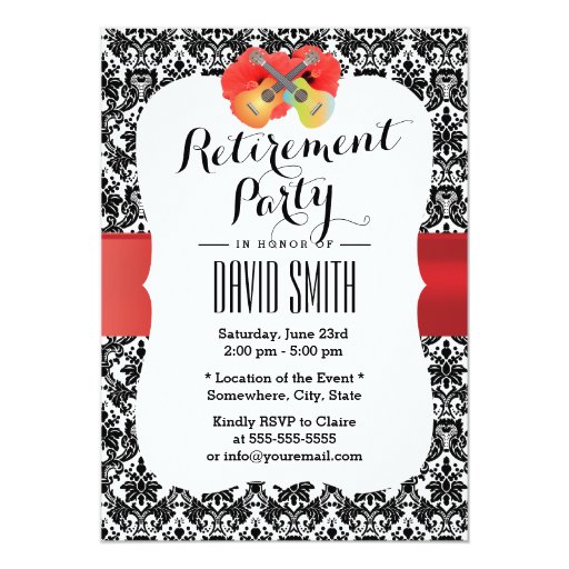 Classy Hibiscus & Ukulele Damask Retirement Party 5x7 Paper Invitation Card (front side)
