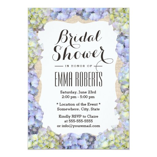 Elegant Hydrangea Flowers Burlap Bridal Shower 5x7 Paper Invitation Card (front side)