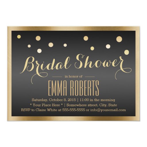 Gold Framed Confetti Dots Dark Bridal Shower 5x7 Paper Invitation Card