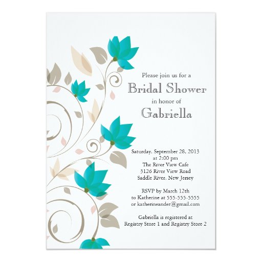 Pretty Modern Turquoise Floral Vine Bridal Shower 5x7 Paper Invitation Card