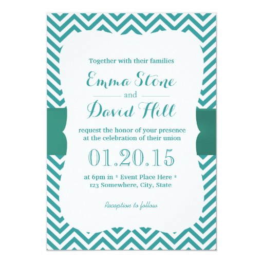 Modern Teal Green Chevron Stripes Wedding 5x7 Paper Invitation Card