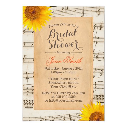 Vintage Sunflower & Old Music Sheet Bridal Shower 5x7 Paper Invitation Card (front side)