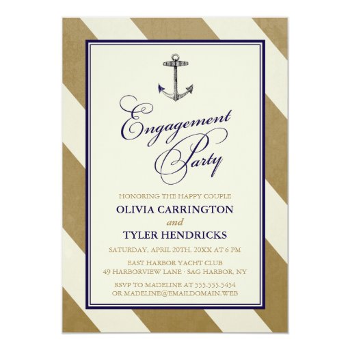 Elegant Nautical Navy & Gold Engagement Party 5x7 Paper Invitation Card (front side)