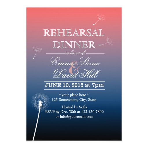 Pink & Blue Twilight Dandelion Rehearsal Dinner 5x7 Paper Invitation Card (front side)