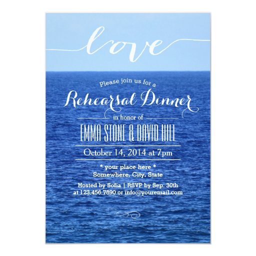 Blue Ocean Script Love Rehearsal Dinner 5x7 Paper Invitation Card