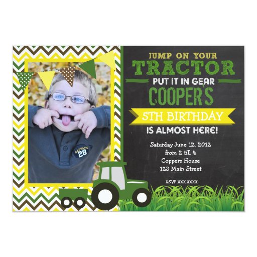 Green Chevron Tractor Birthday Party Invitation 5" X 7" Invitation Card (front side)