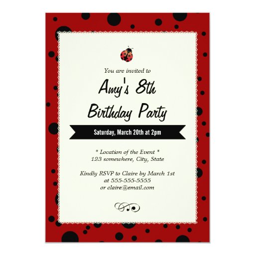 Cute Ladybug Black & Red Birthday Invitations 5" X 7" Invitation Card