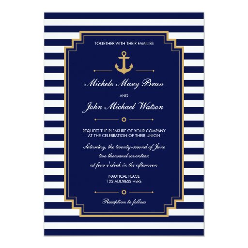 Stylish Nautical Dark Blue Wedding Invitation 5" X 7" Invitation Card