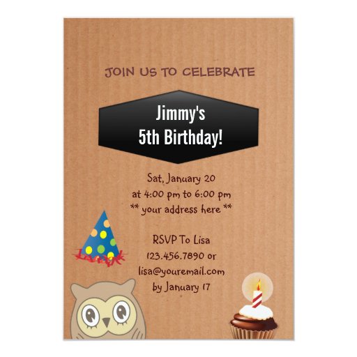 Cute Owl Birthday Party Cardboard Invitation 5" X 7" Invitation Card (front side)