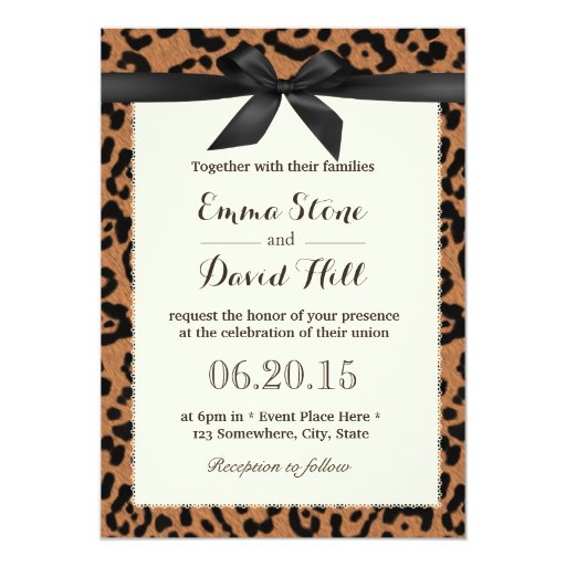 Classy Black Ribbon Leopard Print Wedding 5x7 Paper Invitation Card