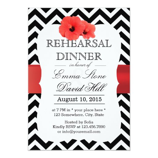 Classy Chevron Red Hibiscus Rehearsal Dinner 5x7 Paper Invitation Card (front side)