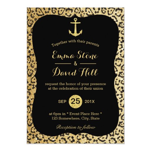 Modern Gold Leopard Print Nautical Wedding 5x7 Paper Invitation Card (front side)