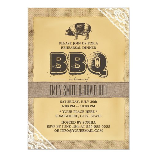 Rustic Burlap Pig Roast BBQ Rehearsal Dinner 5x7 Paper Invitation Card
