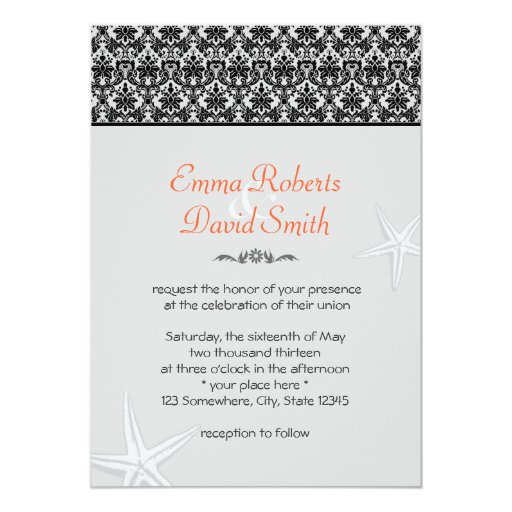 Elegant Black Damask Starfish Wedding Invitations 5" X 7" Invitation Card