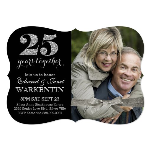 Elegant Silver 25th Wedding Anniversary with Photo 5x7 Paper Invitation Card (front side)
