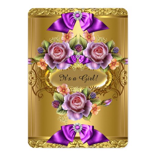 Elegant Baby Shower Girl Purple Pink Gold Roses 2 5x7 Paper Invitation Card
