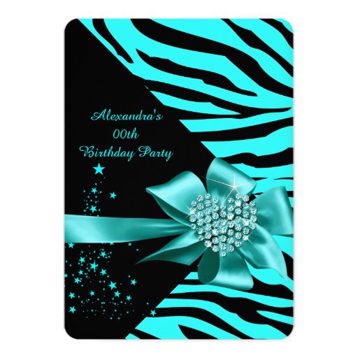 Elegant Zebra Teal Silver Heart Jewel Birthday 5x7 Paper Invitation Card (front side)