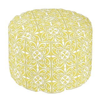 Moroccan tile - mustard yellow and white round pouf