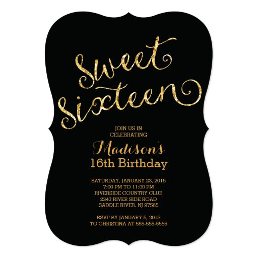 Modern Gold Glitter Sweet Sixteen Birthday Party 5x7 Paper Invitation Card (front side)