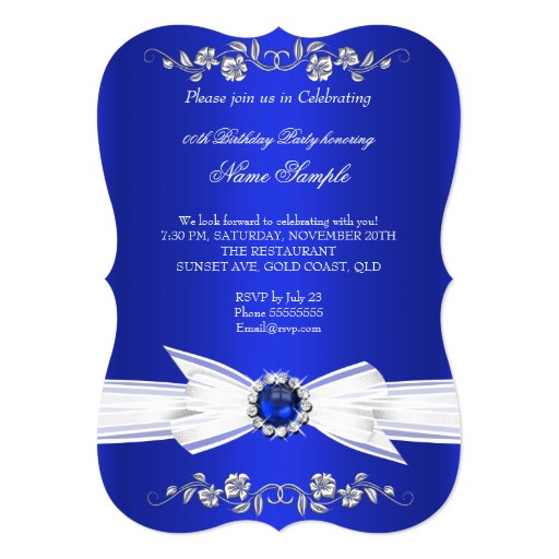 Elegant Royal Blue White Pearl Jewel Bow Birthday 5x7 Paper Invitation Card