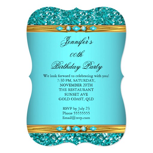 Elegant Teal Glitter Gold Diamond Birthday Party 2 5x7 Paper Invitation Card